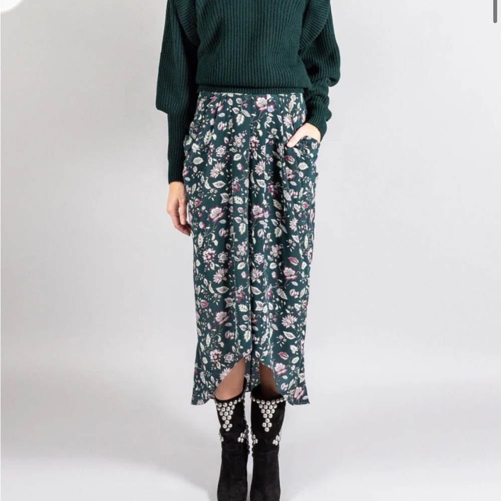 Isabel Marant Dark Green Pink Floral Midi Skirt Silk Size 38/Size 6 Small